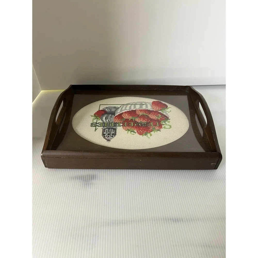 Vintage Needle‎ Point Strawberries Wooden Tray 13